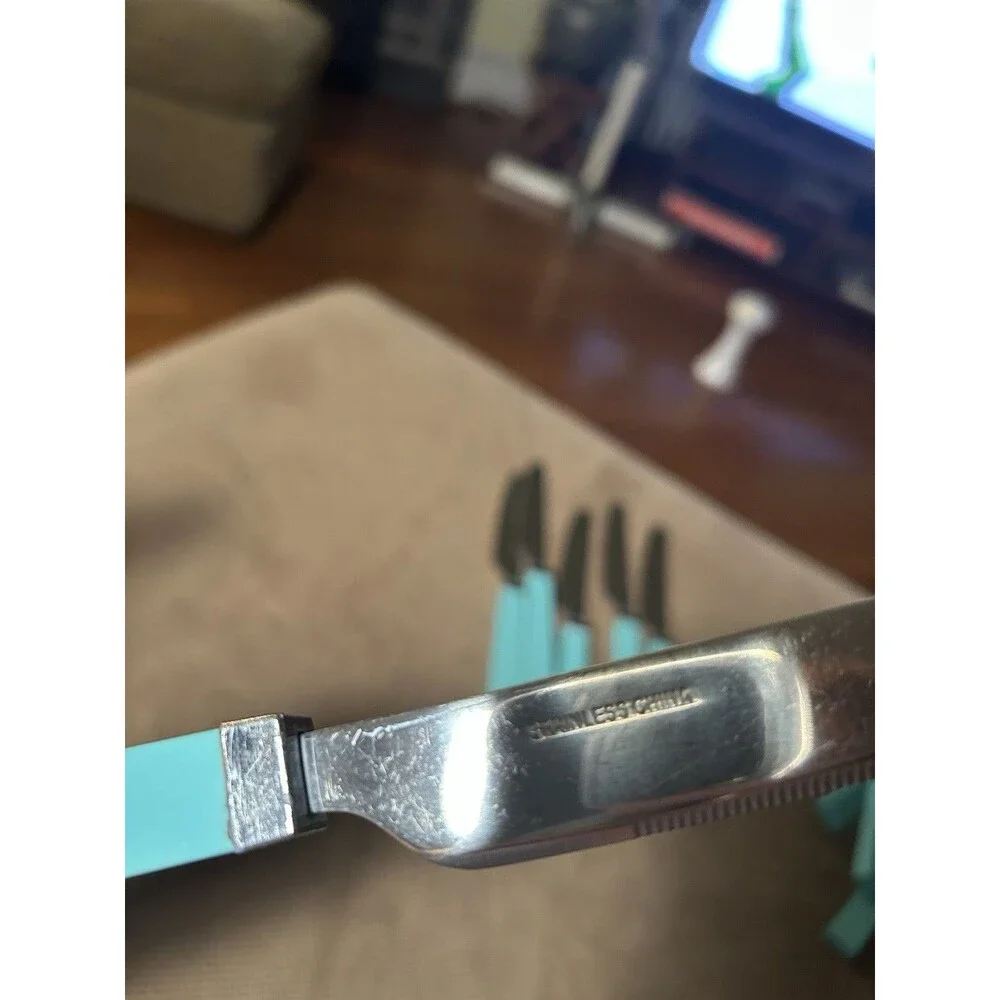 Vintage Aqua Blue Handle Stainless Steel Set 22 Retro Flatware Spoon Fork Knife